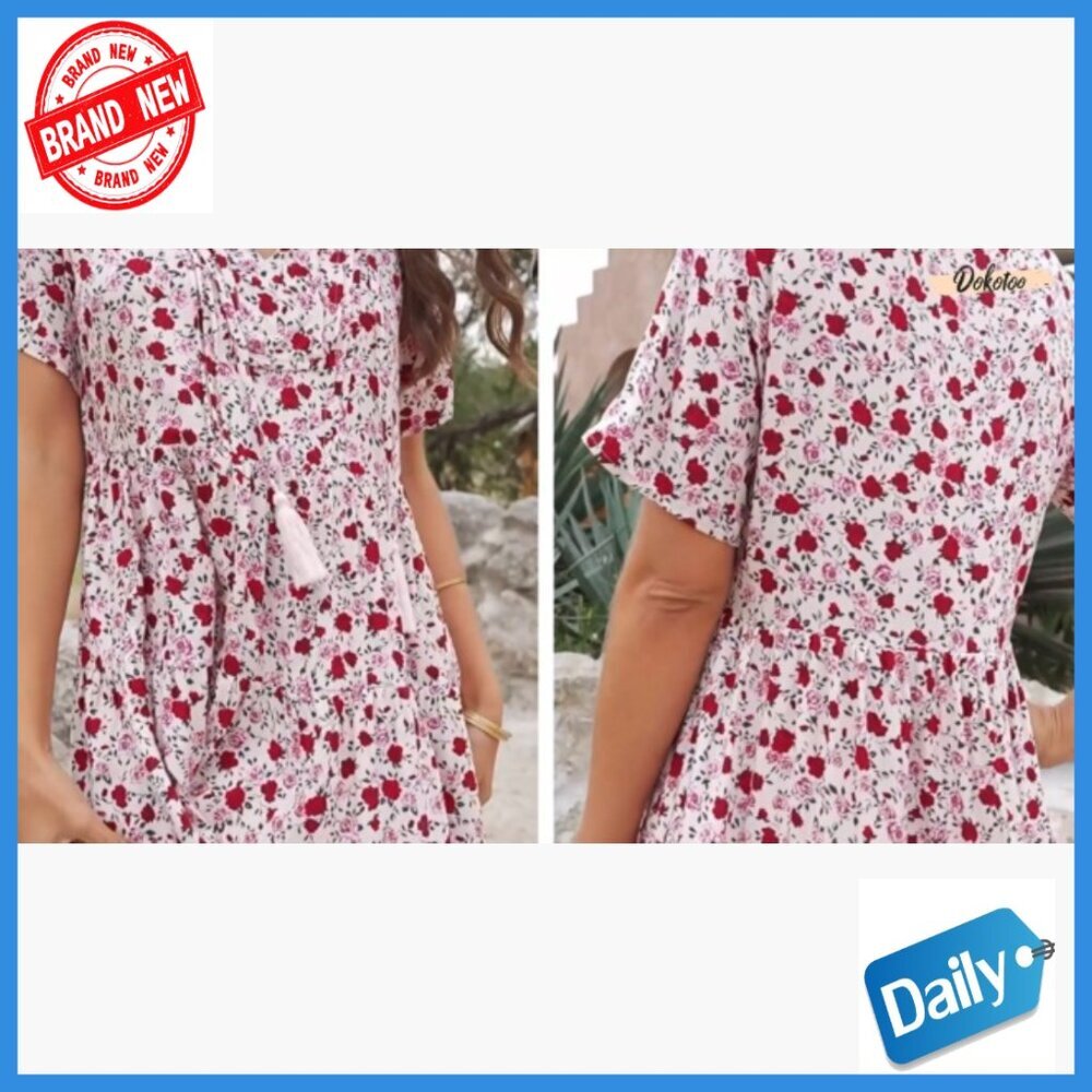 Viscose Mini Dress V-Neck Short Sleeve Boho Flowy Swing A-Line - Picture 5 of 5